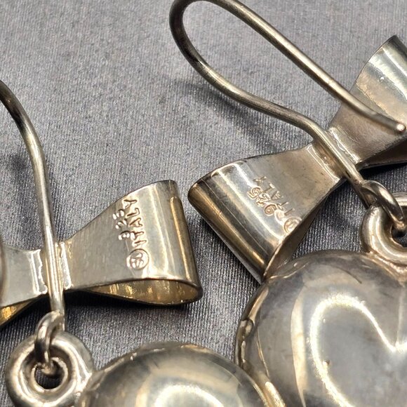 Sterling Silver 925 Heart & Bow Drop Earrings 1.25" Signed SU Italy 6.08g - Picture 3 of 6
